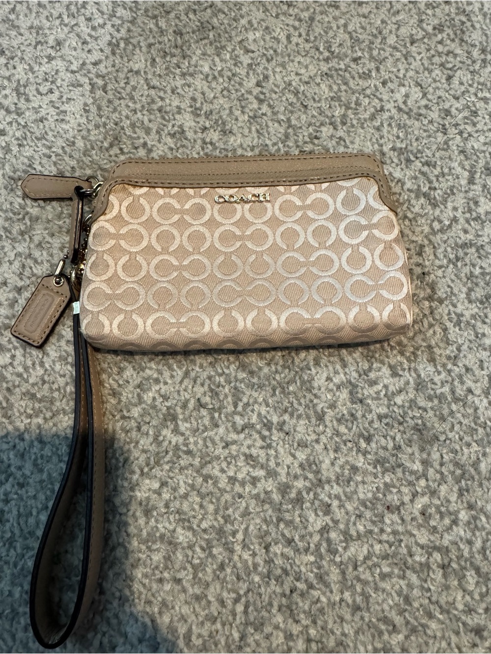 Coach Beige Signature 'C' Wristlet with Tan Trim